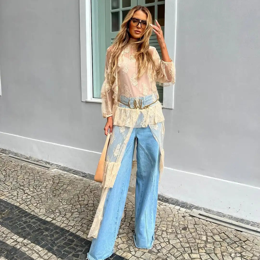 Eve's Long Sleeve Lace Duster See Through Mesh Short Front Long Back Asymmetrical Cover Ups