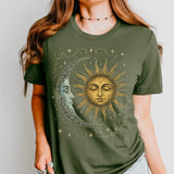 Boho Celestial Moon and Radiant Sun Cotton T-shirt