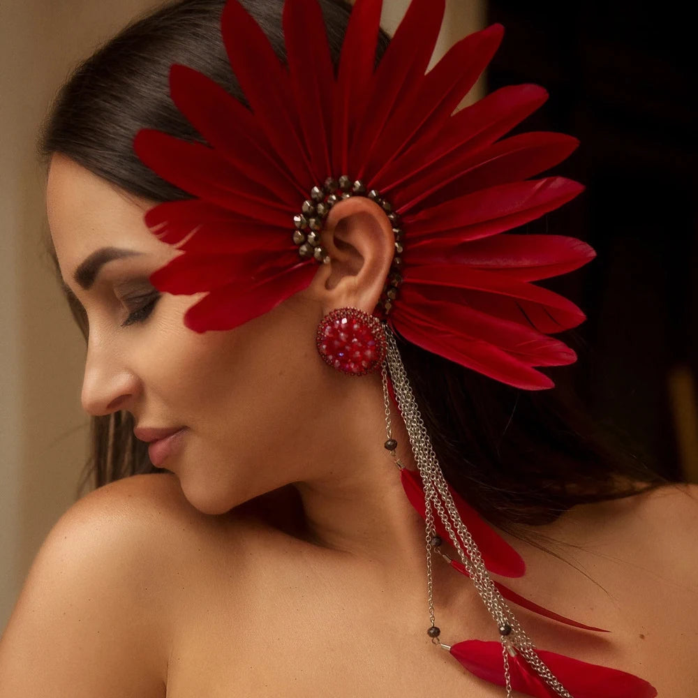 Red Feather Fan Ear Cuff 1Pcs Left or Right Ear