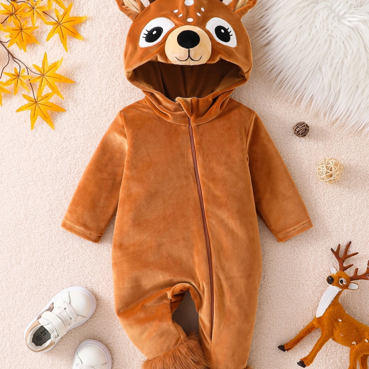 Baby Reindeer Costume Toddler Girls Boy Cute Plush Zipper Deer Hooded Romper for Christmas