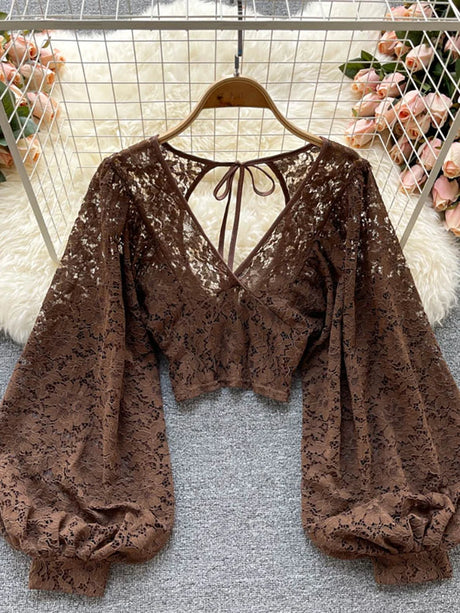 Lace Crop Top Black/White/Brown Long Lantern Sleeve