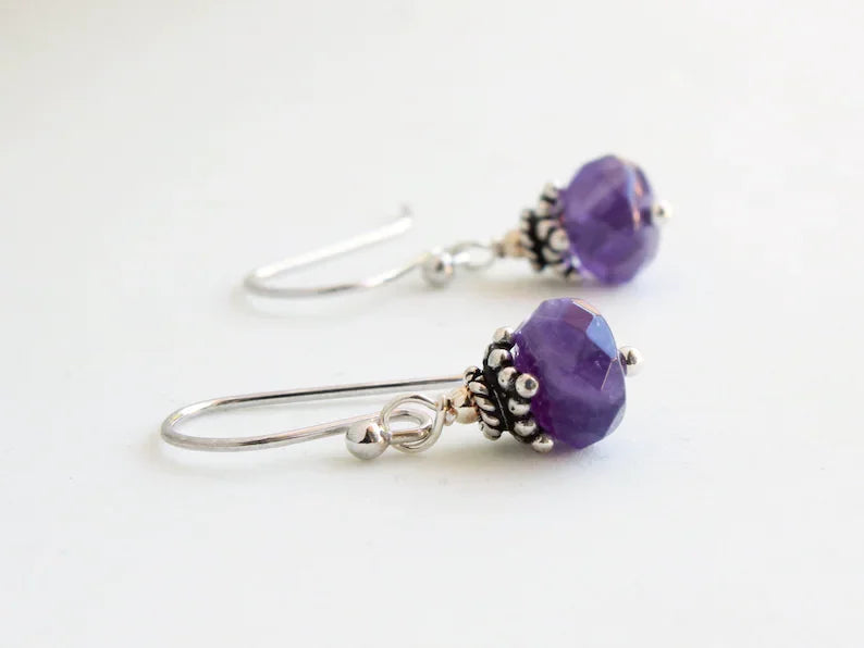 Amethyst Sterling Silver Earrings Deep purple Gemstone Everyday Classic Dangle Drops