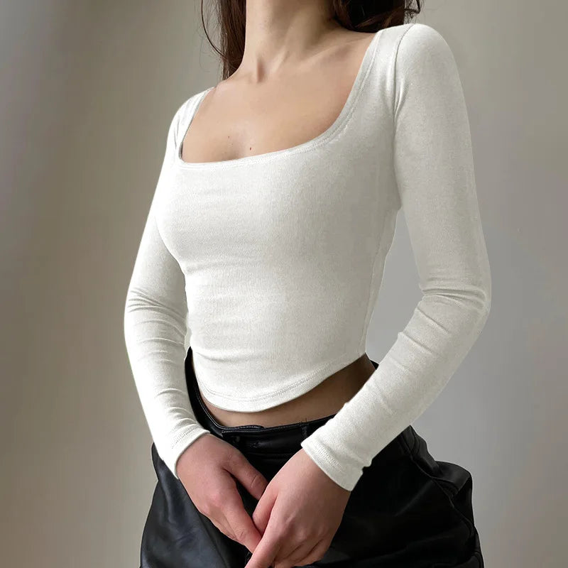 Scooped Long Sleeve Fitted Tees Basics T-Shirts