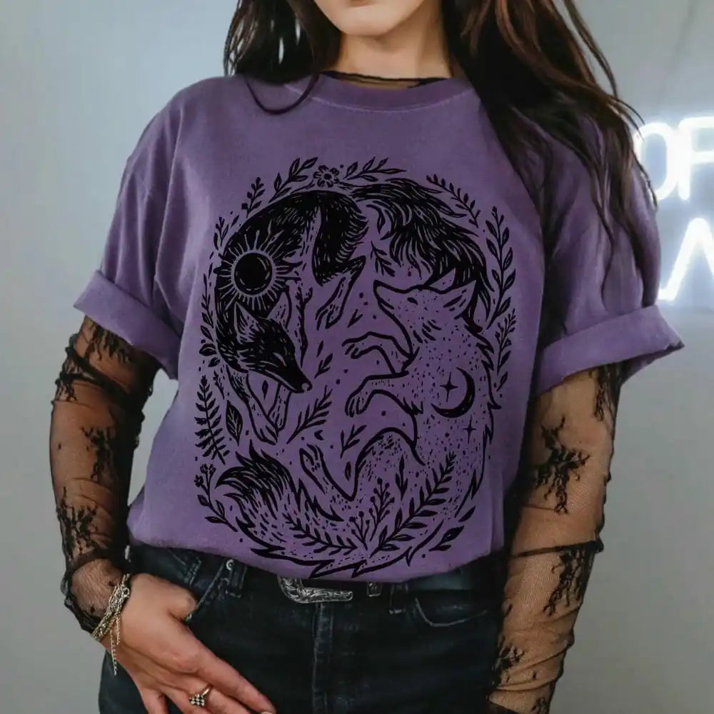 Fox Yin Yang Sun Moon T-shirt Mystical Animal Naturecore Tee Dark Academia