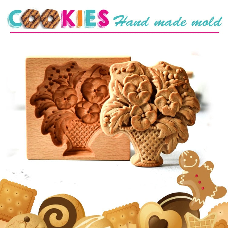 Easter Christmas Wooden Cookie Mould Gingerbread Embossing Stamp Baking Tools