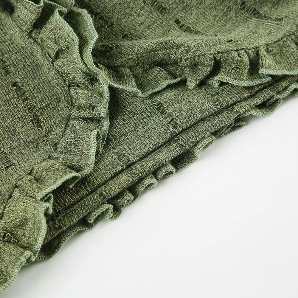 Y2k Dark Green Long Sleeved Ruffle Top Matching Skirt Goblincore