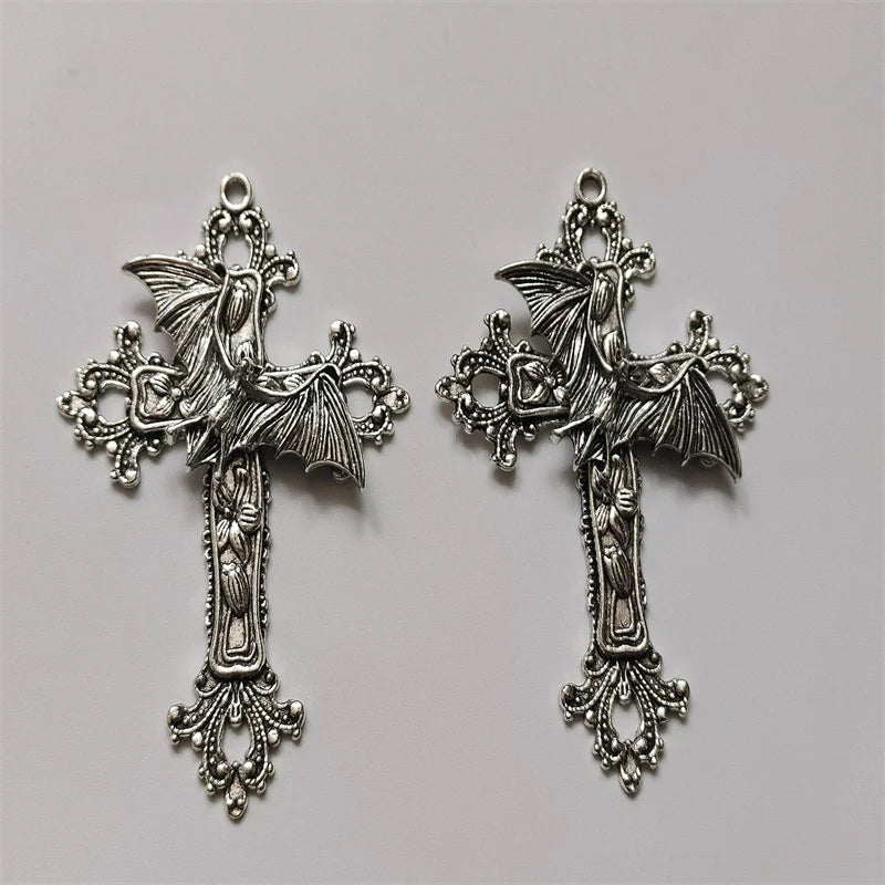 2pcs Filigree Victorian Gothic Large Cross Pendants Bat Moth DIY Jewellery Making