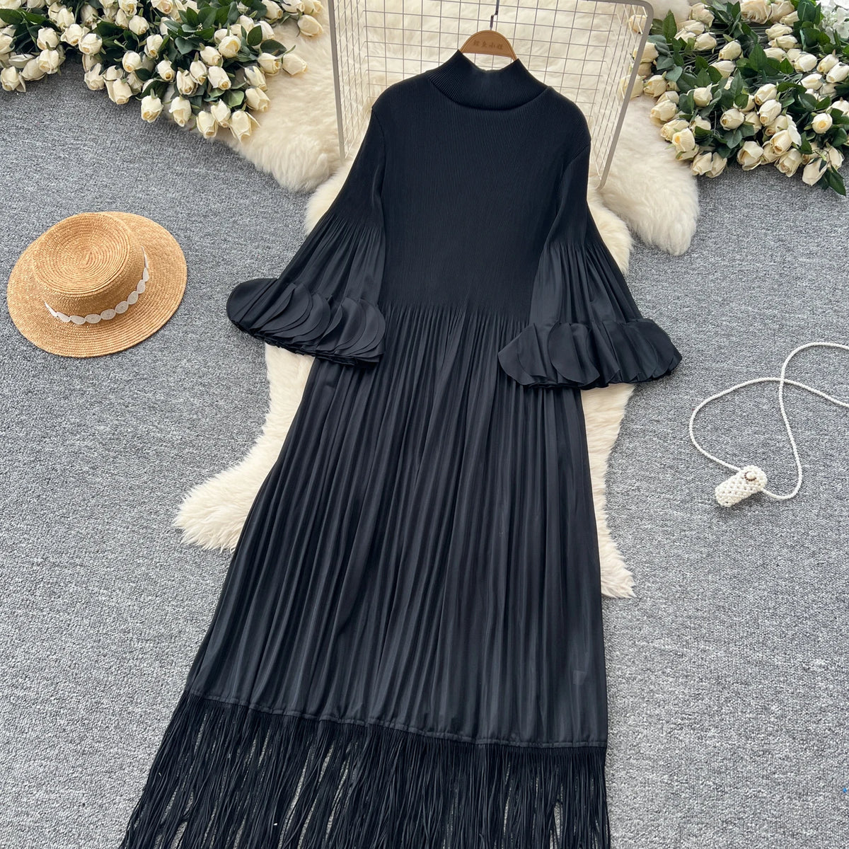 Petal Sleeves Pleated Tassel Dress Eight Colours