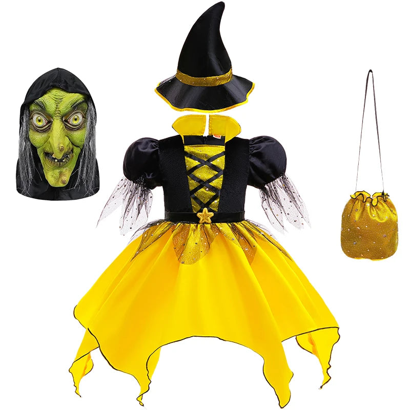 Girls Halloween Cosplay Yellow Witch Costume
