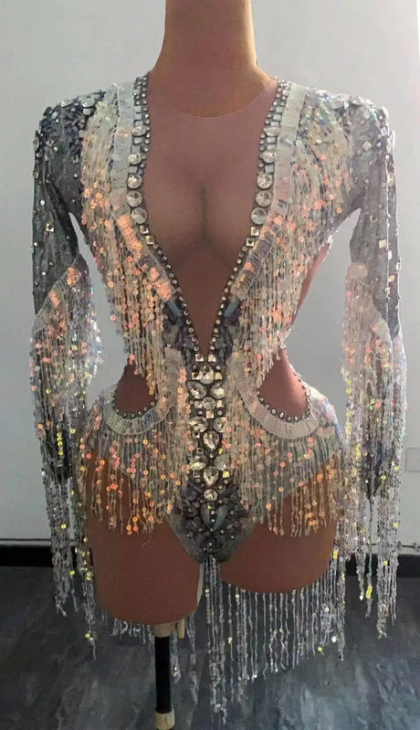 Silver Showgirl Stage Wear Rhinestone Bodysuit Costume Sequins Tassel Dance Jumpsuit Leotard