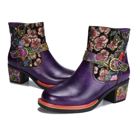 Violet's Floral Boots Genuine Leather Hand-painted Short Boots