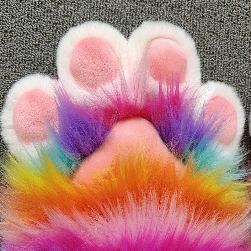 Rainbow Furry Cat Claw Gloves Plush Beast Paws Mittens Halloween Party Cosplay Costumes