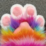 Rainbow Furry Cat Claw Gloves Plush Beast Paws Mittens Halloween Party Cosplay Costumes