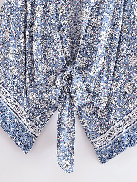 Blue Porcelain Floral Boho Short Kimono Wrap Top