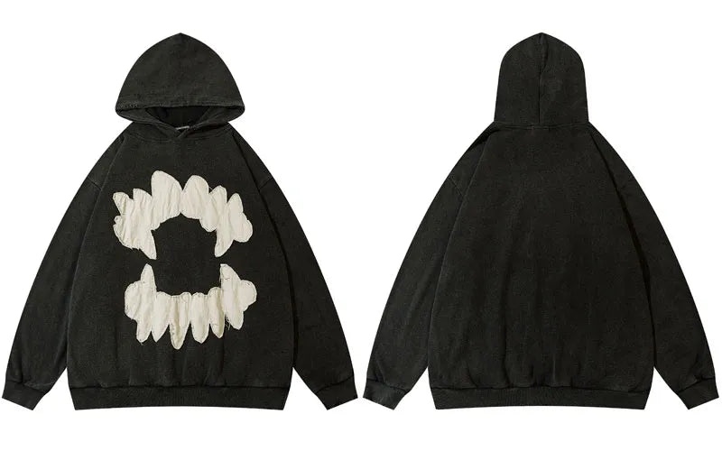 Fangs Ripped Patch Mens Hoodie Sweatshirt Y2K Grunge Hooded Streetwear
