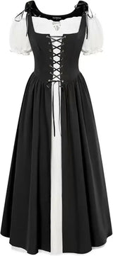 Medieval Cosplay Costume Women Two Layer Lace Up Bodice Dress