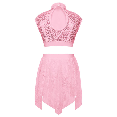 Sequins Ballet Dance Set Girls Crop Top Skirted Shorts Stage Dance Costumes