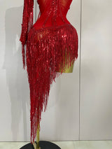 Sparkly Rhinestones Fringed Latin Dance Outfits Stage Performance Costume