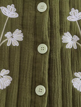 Olive Green Floral Embroidery Cotton Quilted Vests