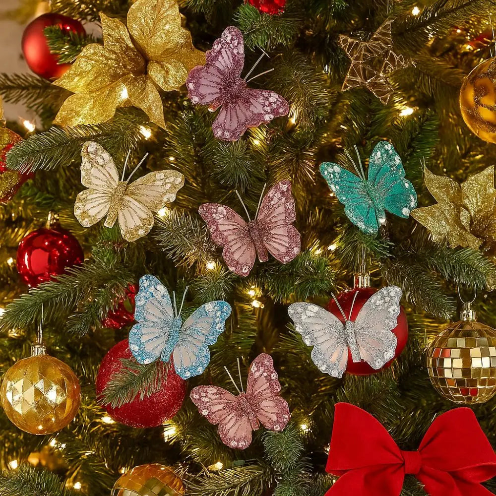 Glitter Christmas Butterflies Ornaments Sparkling Christmas Tree Decorations with Clips
