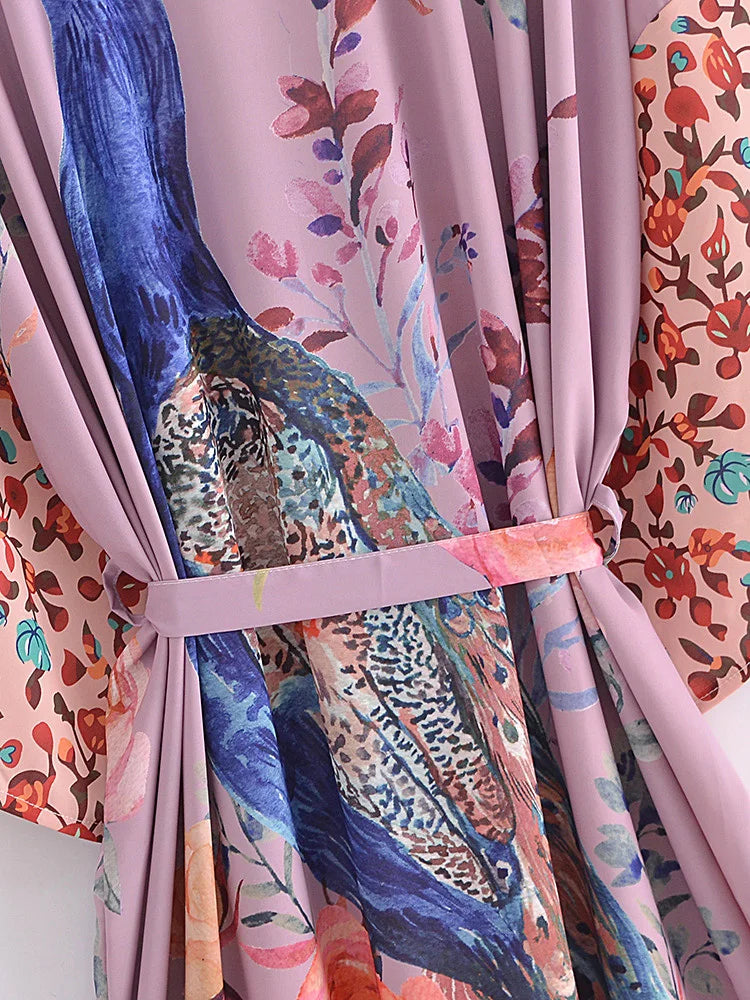 Peacock Floral Print Boho Kimono Cover-ups