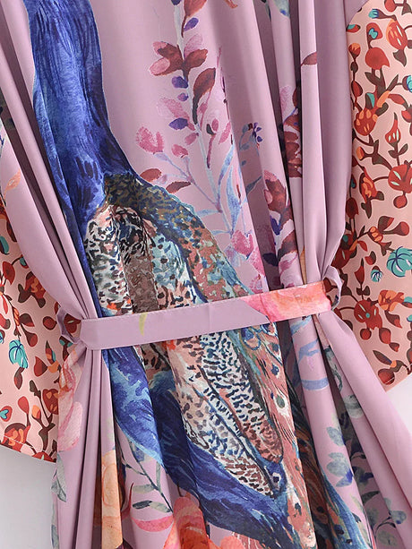 Peacock Floral Print Boho Kimono Cover-ups