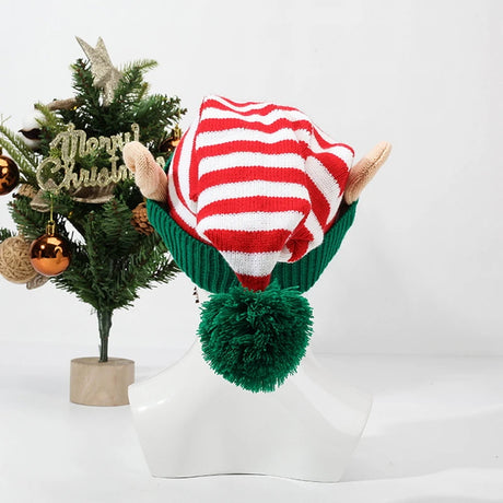 Christmas Elf Striped Beanies Hat Knitted Xmas Cap with Small Ears for Women Men