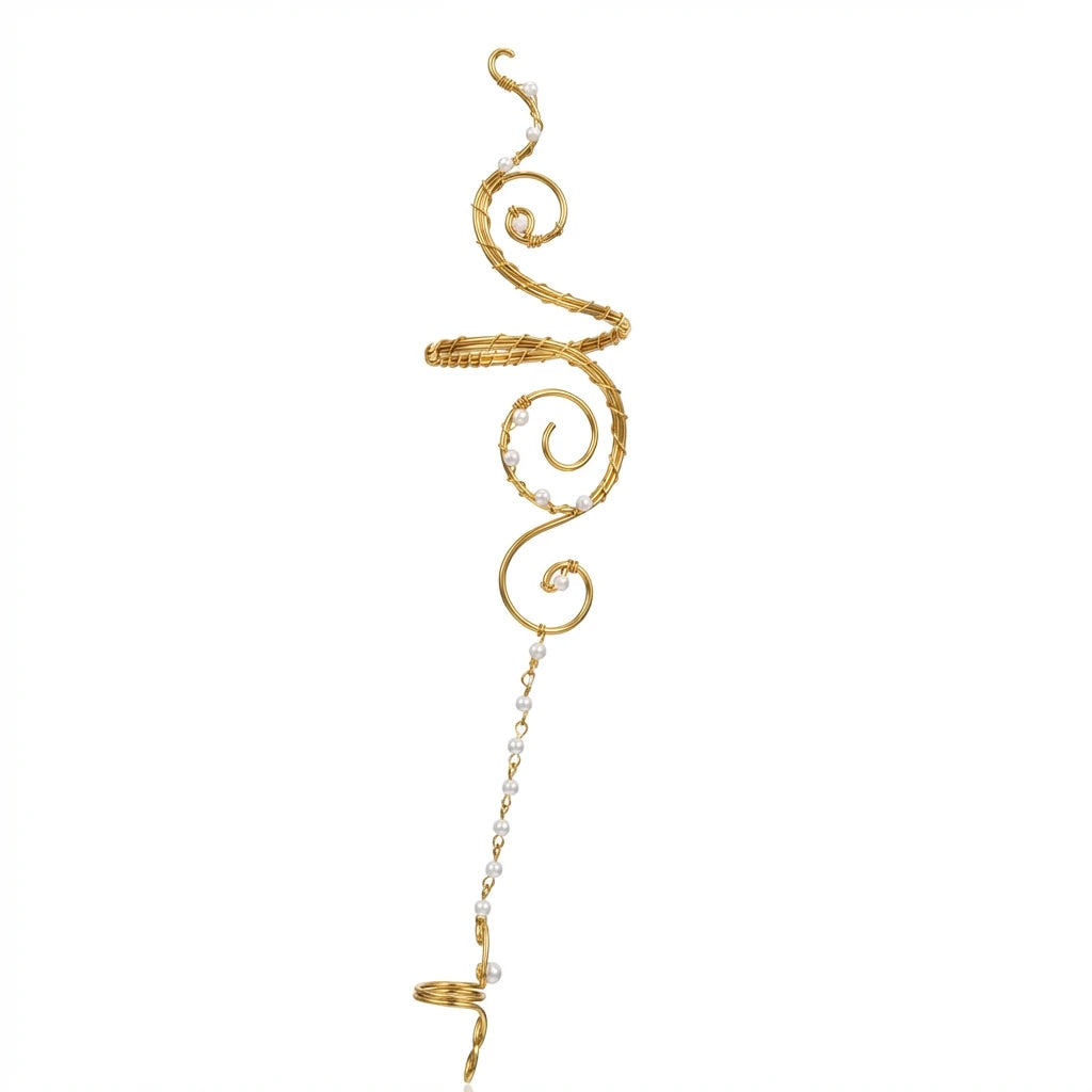 Spiral Gold Arm Cuff & Finger Chain Set with Pearls Adjustable Hand Jewellery Festival Accessories