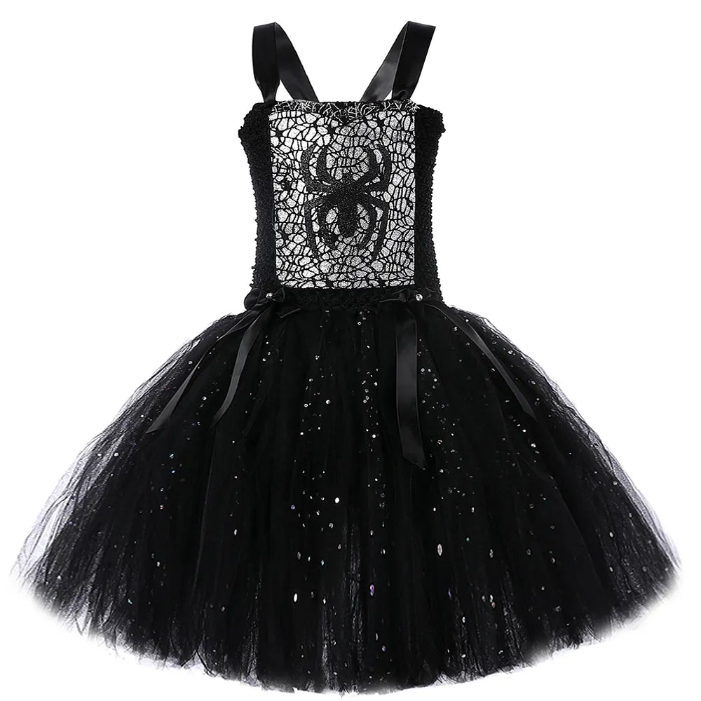 Sparkly Spider Witch Halloween Costumes Babies to Teens Tutu Dress, Hat and Broom