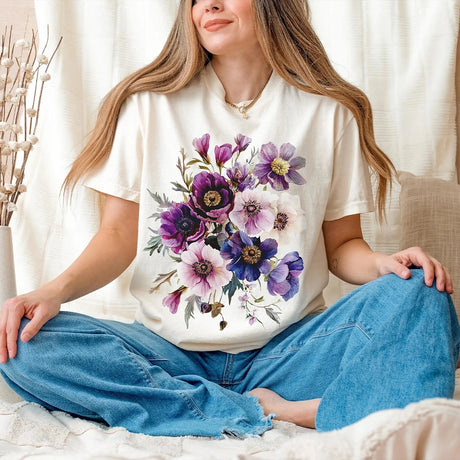 Vintage Pressed Flowers T-Shirt Cottagecore Botanical Purple Floral Cotton Tee