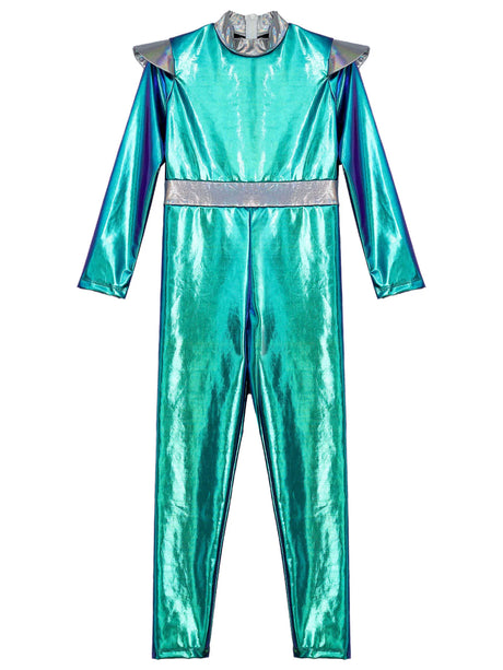 Girls Boys Alien Costume Shiny Metallic Full Body Suit Space Astronaut Robot Halloween Dress Up