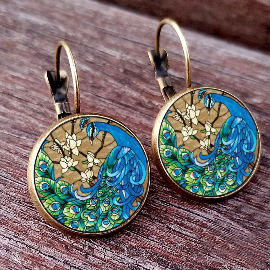 Peacock Paintings Cabochon Earrings