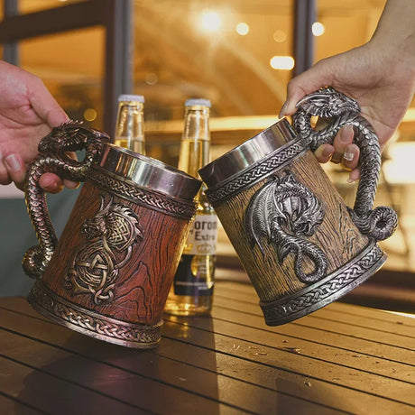Dragon Beer Mug Coffee Cup Stainless Steel Resin Wooden Barrel Drinkware 600ml