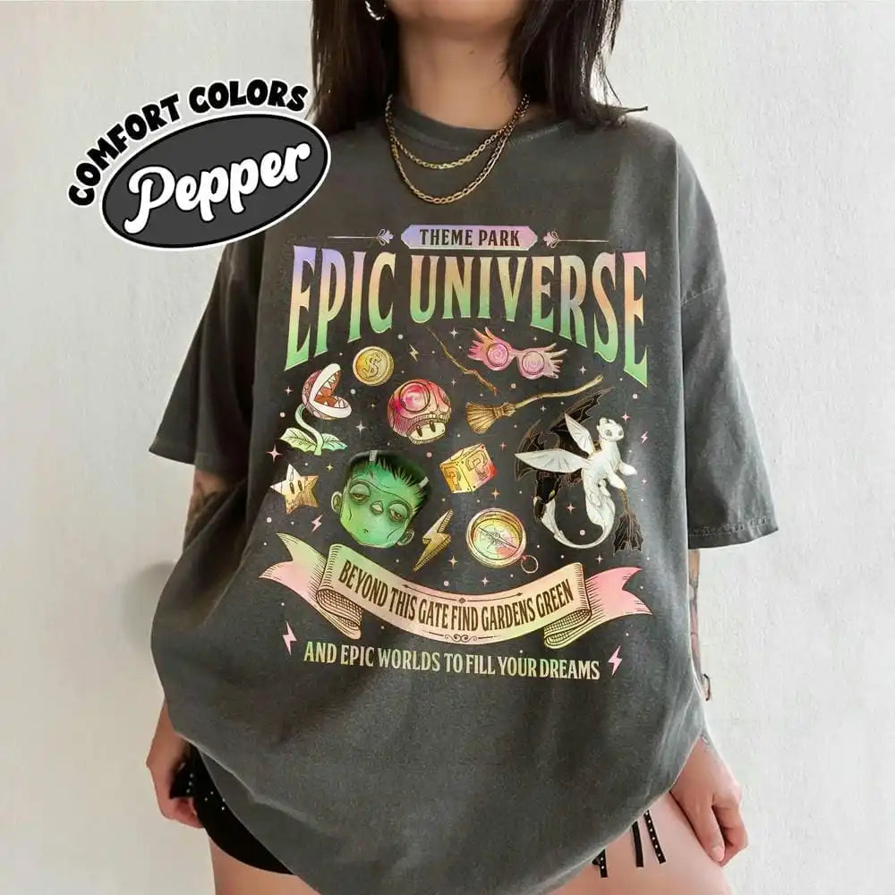 Epic Universe Unisex Tee Cotton T-Shirt Fantasy Family Theme Park Trip Orlando Park