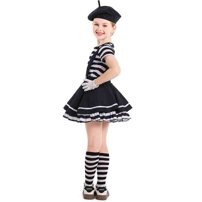 French Mime Pantomime Actor Clown Halloween Girls Stage Performance Costume Outfits Top+Strappy skirt+Hat+Gloves