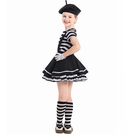 French Mime Pantomime Actor Clown Halloween Girls Stage Performance Costume Outfits Top+Strappy skirt+Hat+Gloves
