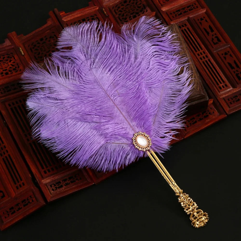 Ostrich Feather Fan Round Fan with Golden Hollow Handle Court Dance Hand Fans