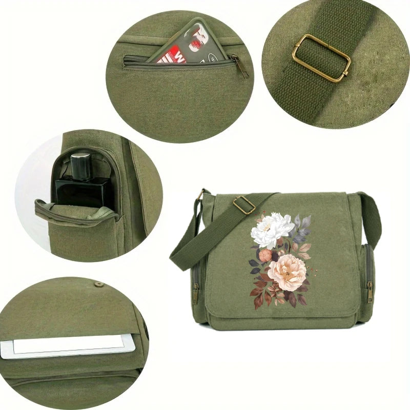Peonies Print Canvas Shoulder Bag Crossbody Messenger Bag