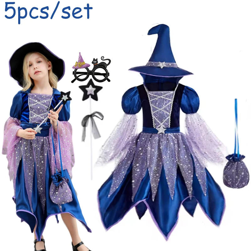 Girls Witch Outfit Halloween Party Costumes for Kids Dress Up With Bag Hat Wand