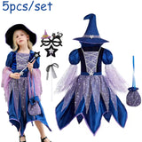 Girls Witch Outfit Halloween Party Costumes for Kids Dress Up With Bag Hat Wand