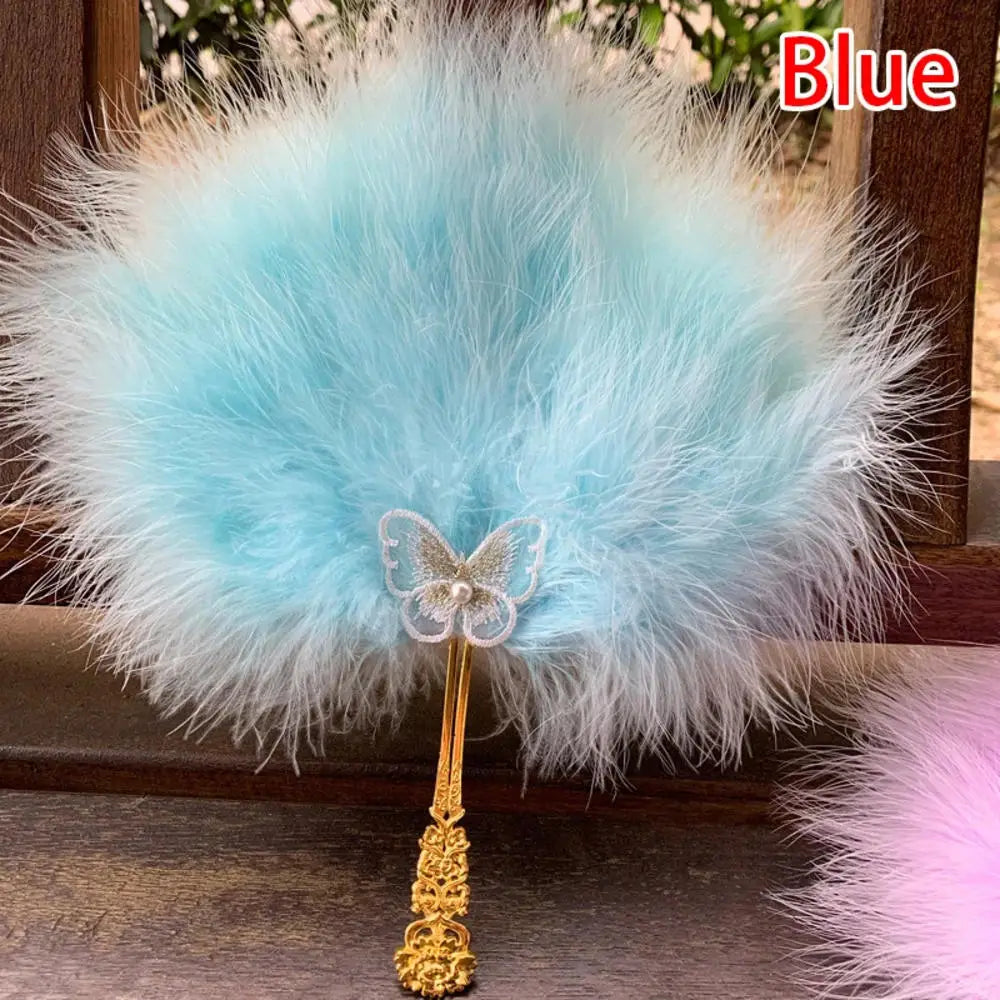 Ostrich Feather Fan Round Fan with Golden Hollow Handle Court Dance Hand Fans