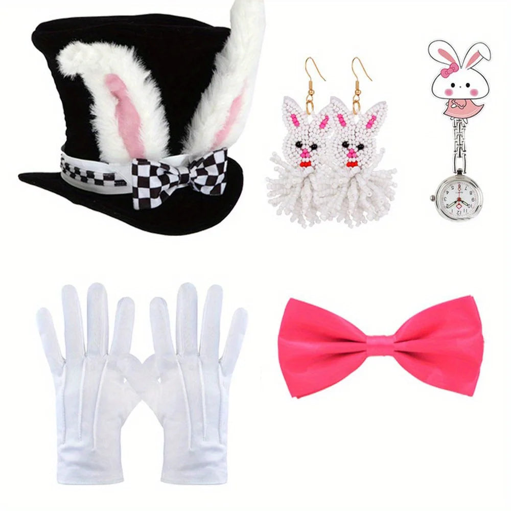 White Rabbit Tea Party Dress Up Accessories Pocket Watch Hat Tie Glasses Gloves