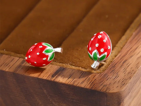 Bitty Enamel Strawberry Stud Earrings 925 Sterling Silver Jewellery