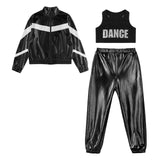 Girls Hip-hop Dance Outfit Streetwear Racer Back Tank Crop Top + Long Sleeve Jacket + Pants 3Pcs/Set