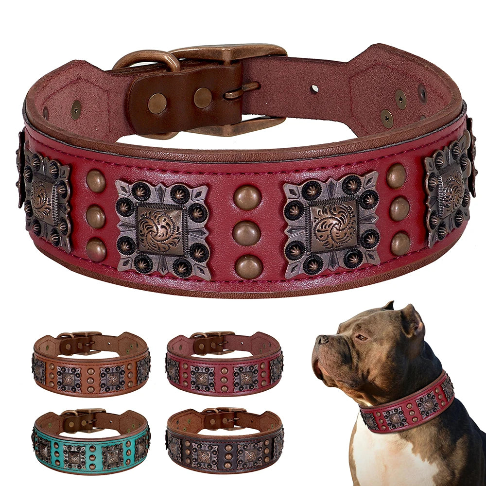 Genuine Leather Dog Collar 2inch Wide Rivet Spikes Collars for Medium Large Dogs Medieval Cosplay