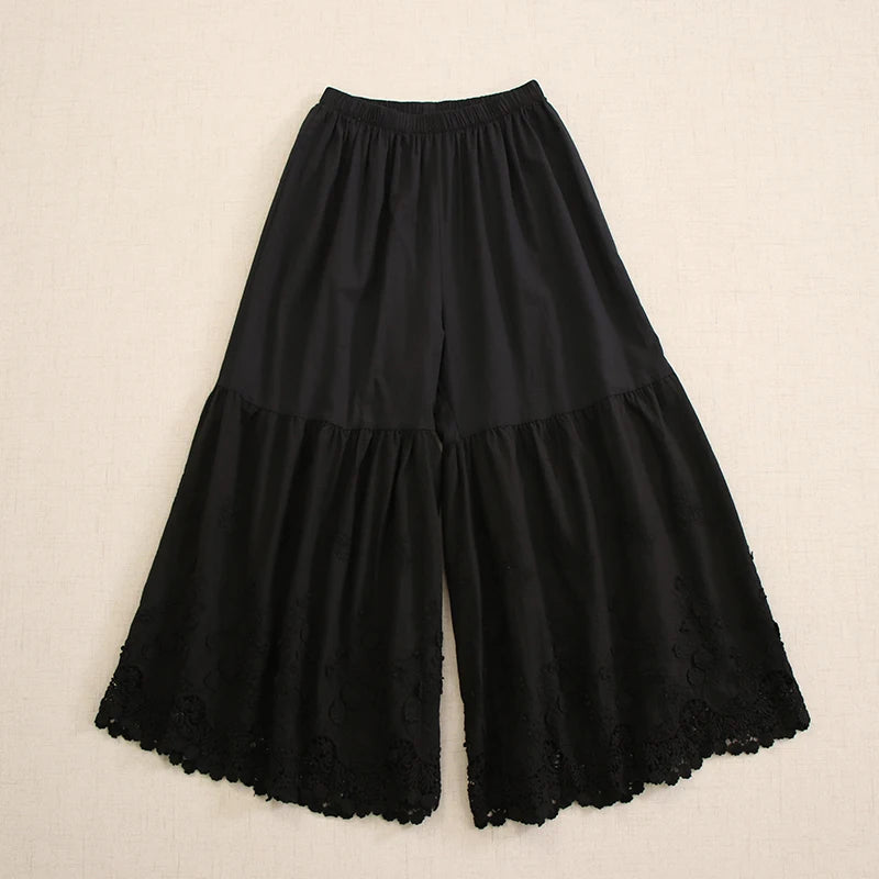Mori Girl Embroidered Cotton Wide Leg Layering Pants