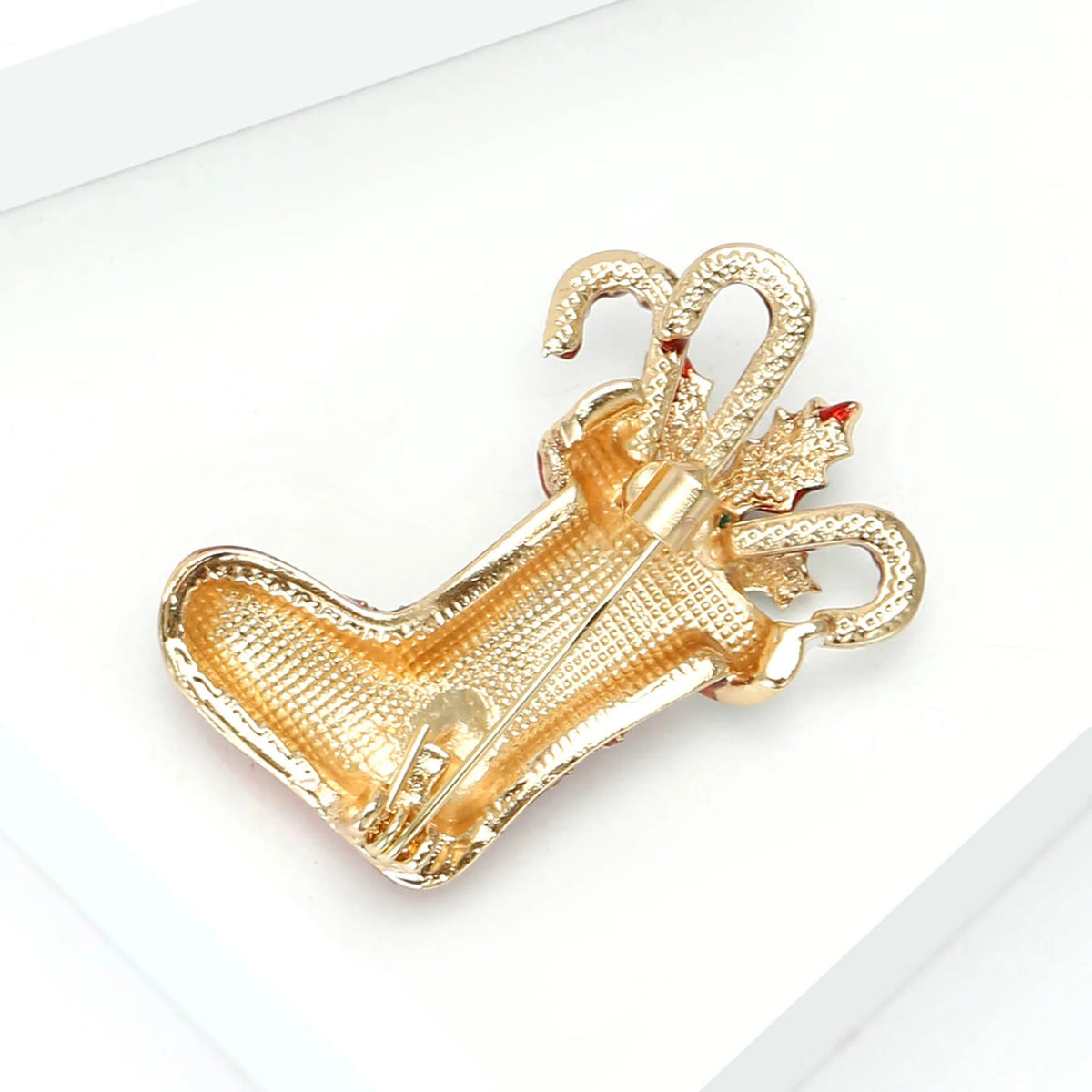 Red Enamel Christmas Stocking Candy Canes Brooches