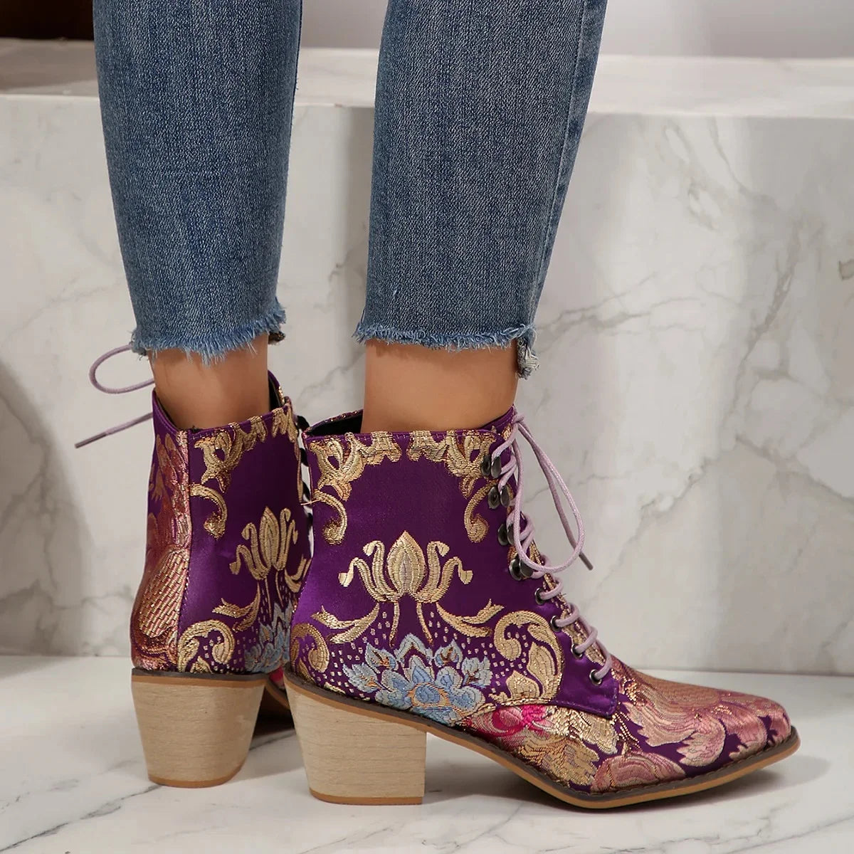 Purple and Golden Marie Antoinette Handmade Embroidered Ankle Boots