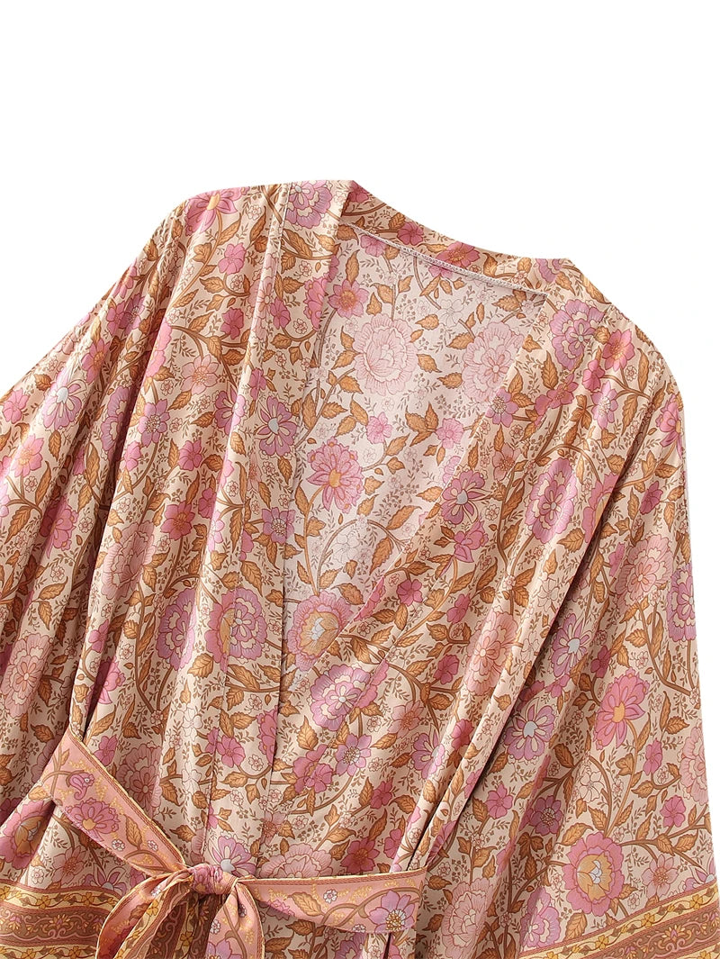 Penny's Boho Floral Print Short Kimono Robe