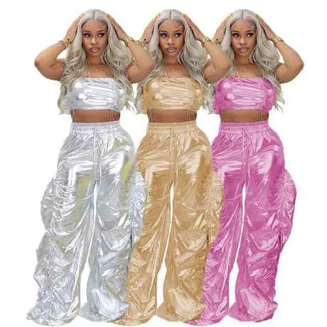 Gold Sliver Metallic Two Piece Sets Crop Top and Pants Streetwear Hip Hop Rave Festival Outfit
